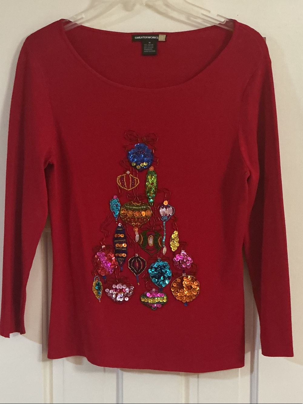 Sweaterworks Red Long-Sleeve Top with Sequin Ornament Motif